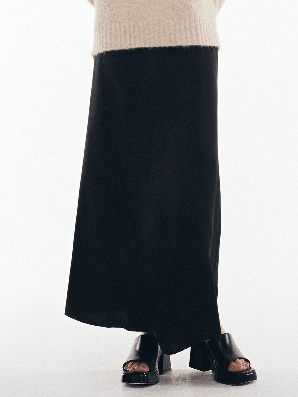 Silky Satin Wrap Long Skirt (Black)