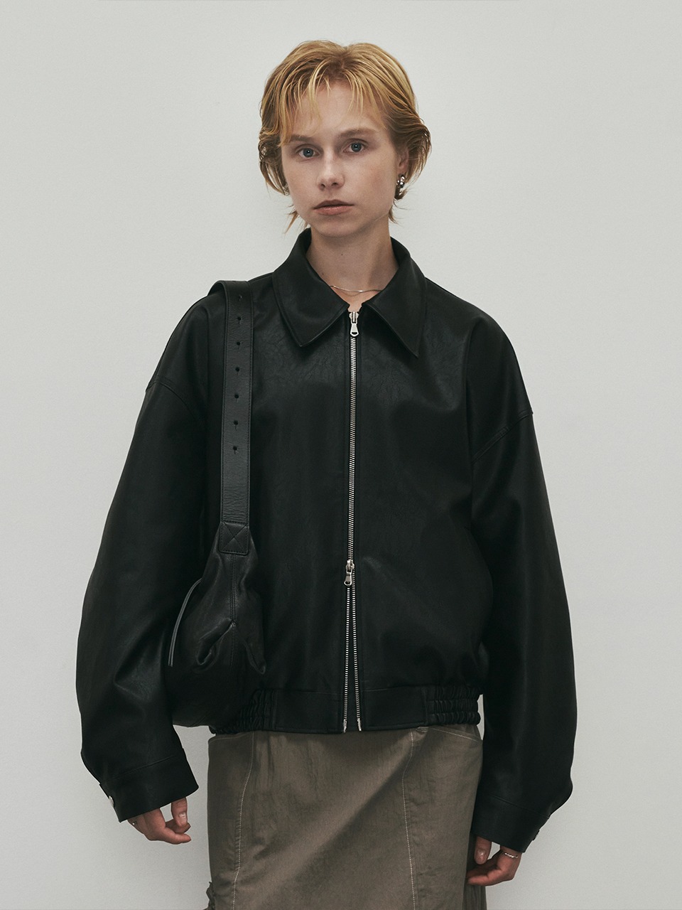 Two-way Leather Blouson Jacket (Black)