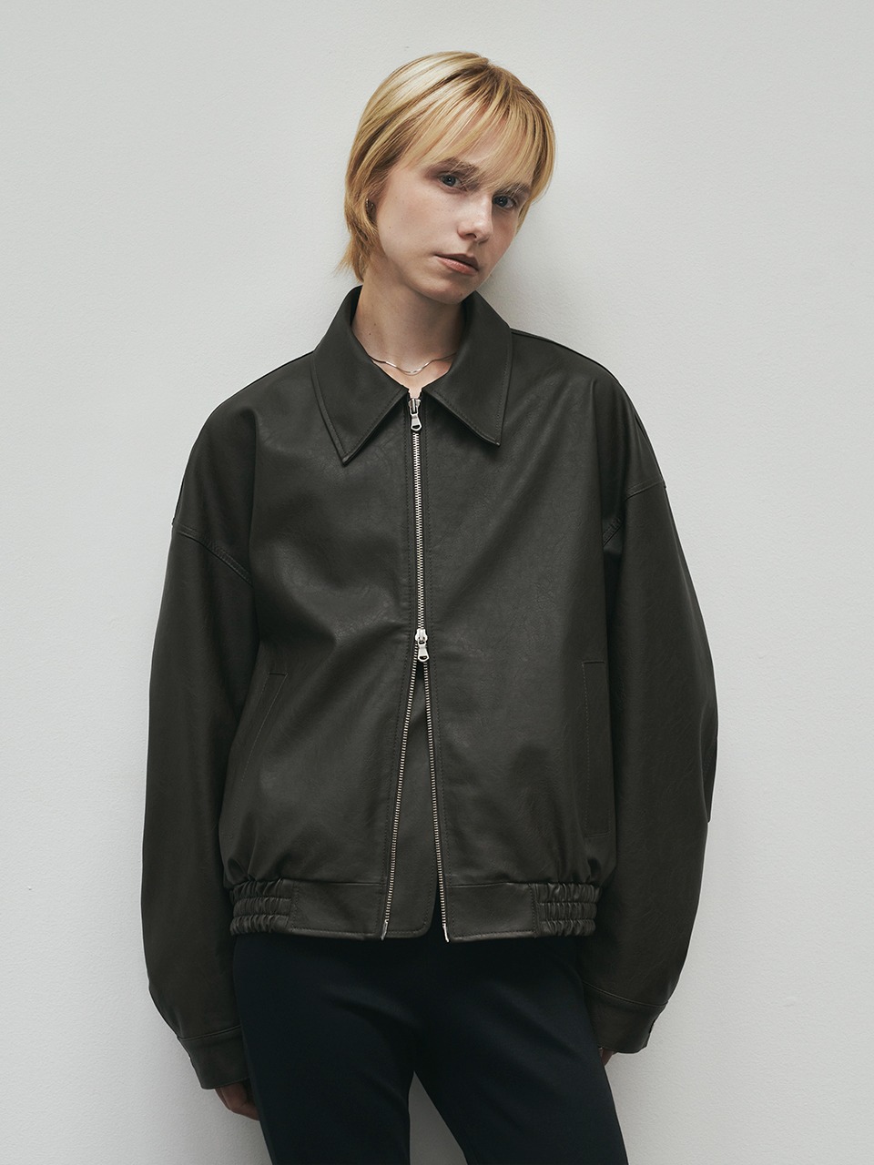 Two-way Leather Blouson Jacket (Brown)