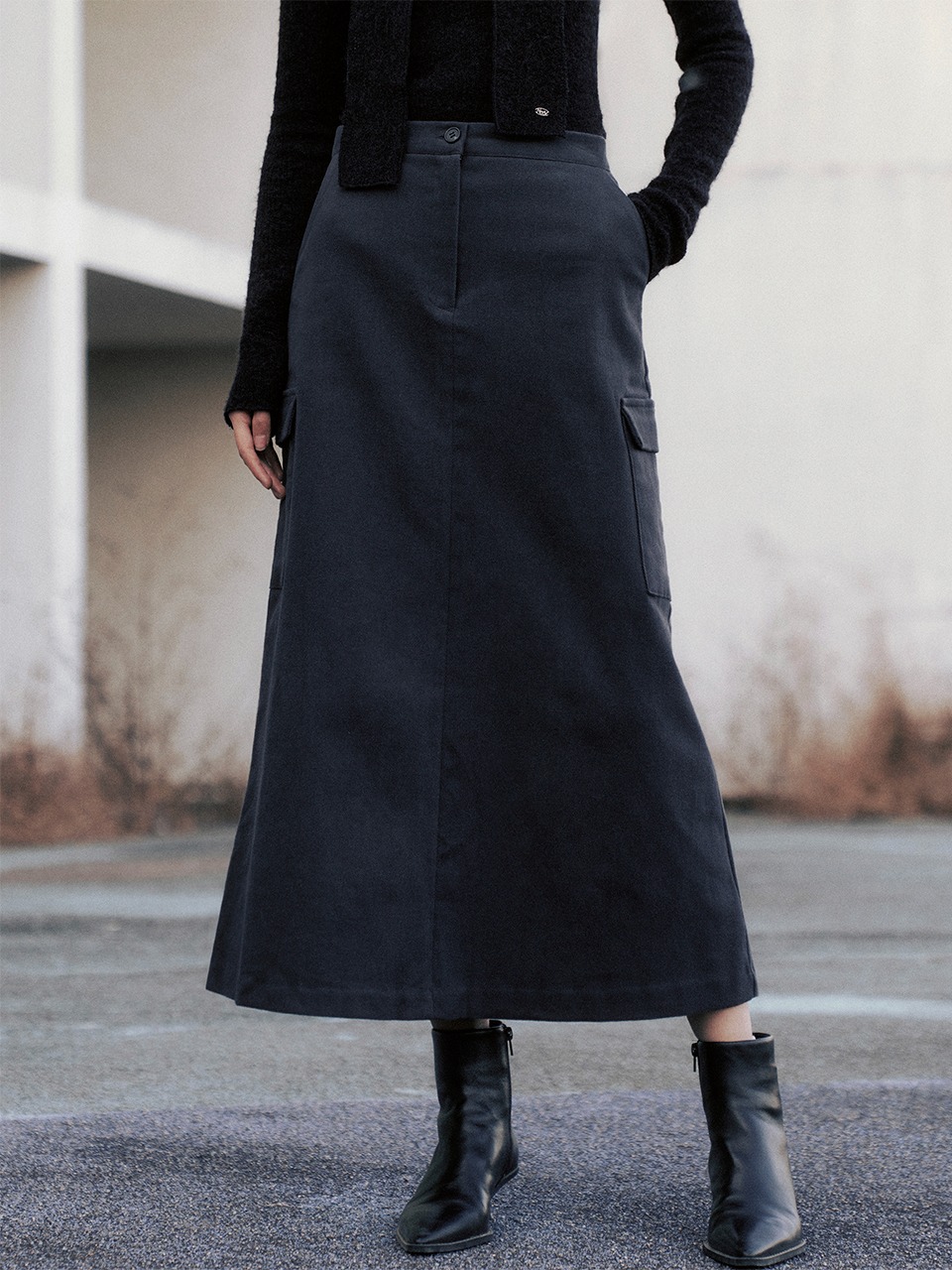 Standard Cotton Cargo Long Skirt (Charcoal)